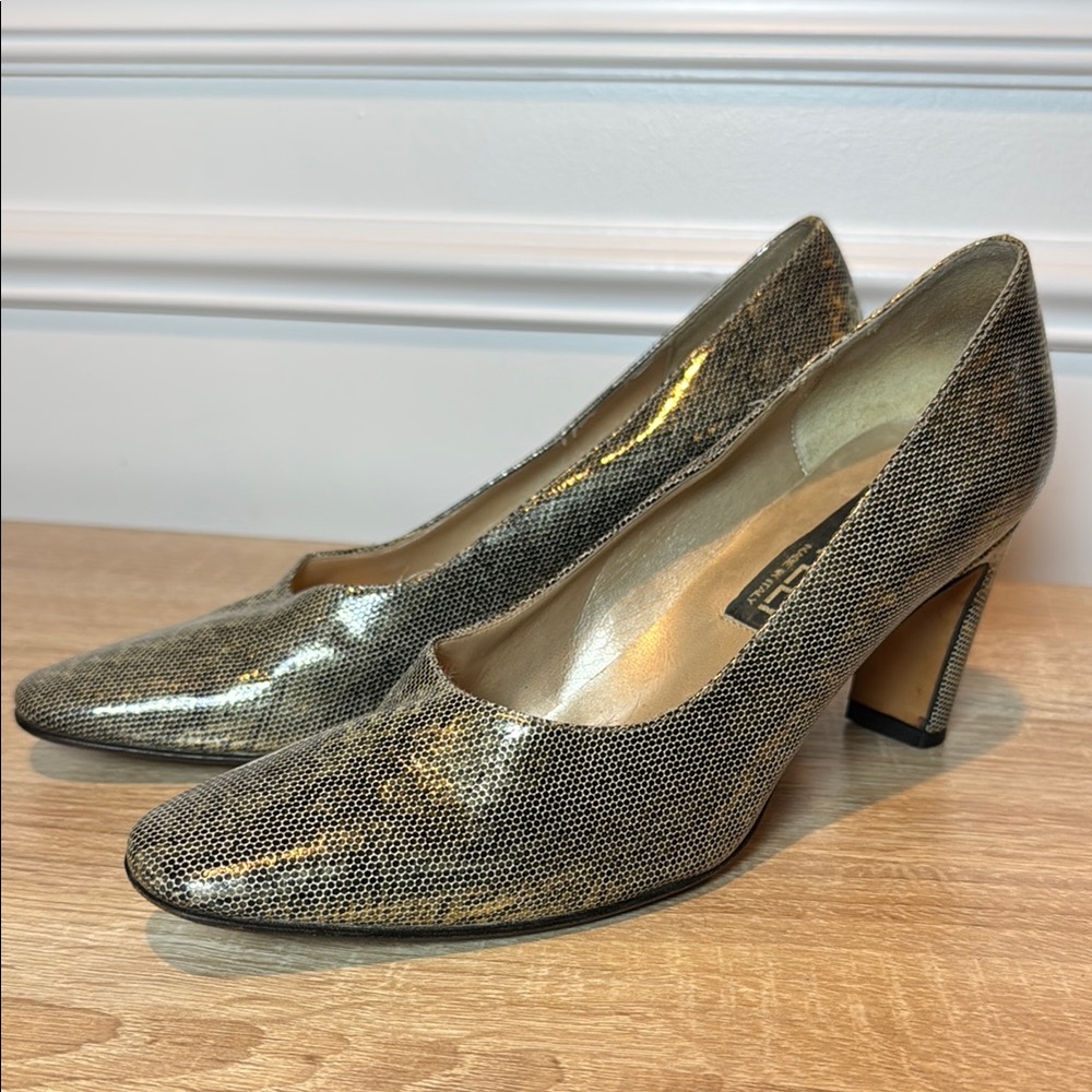 Van Eli Gold Snake Print Classic Point 7.5M 3” Heels Pumps Glamour‎